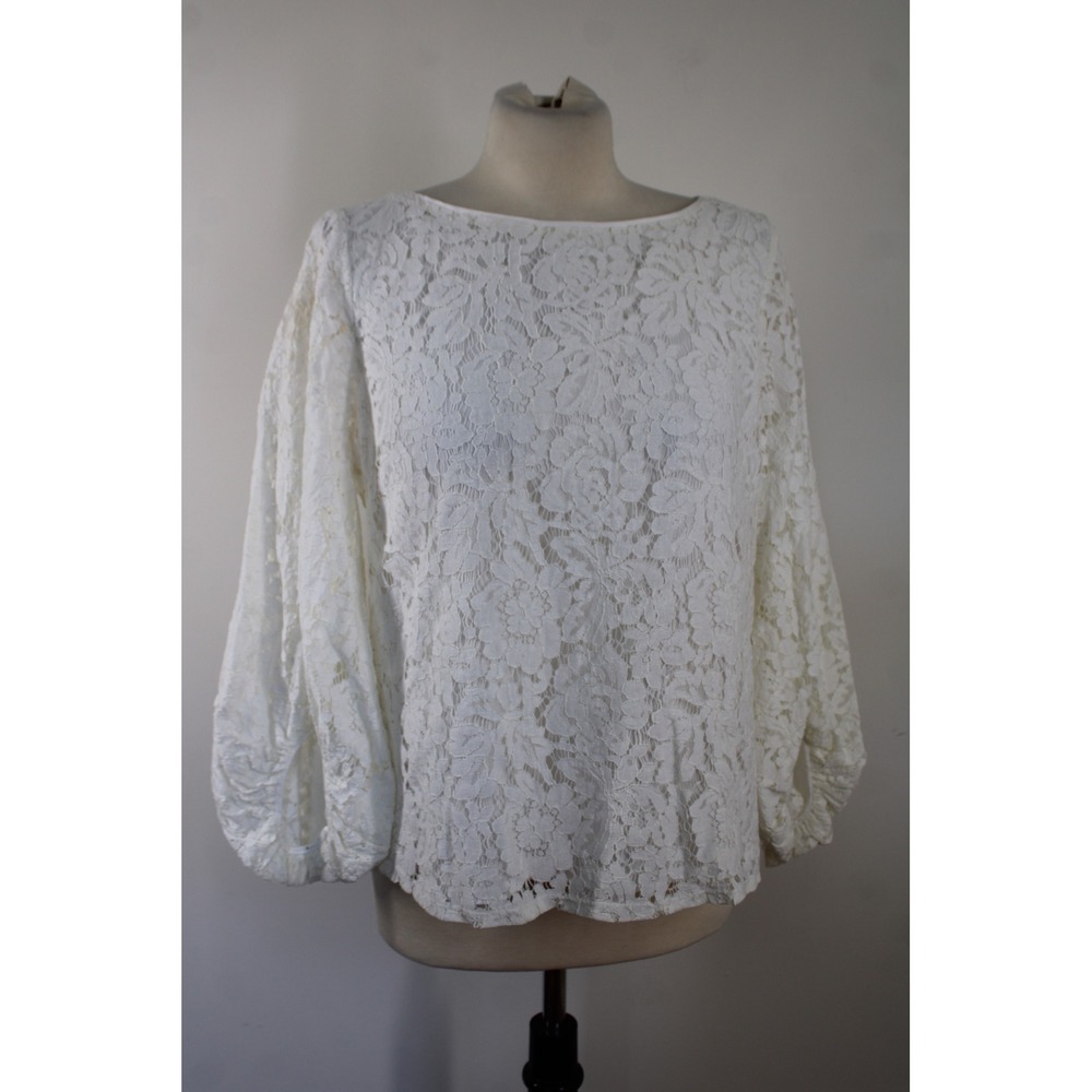 Laundry by Shelli Segal M White Floral Lace Balloon Sleeve Blouse Top